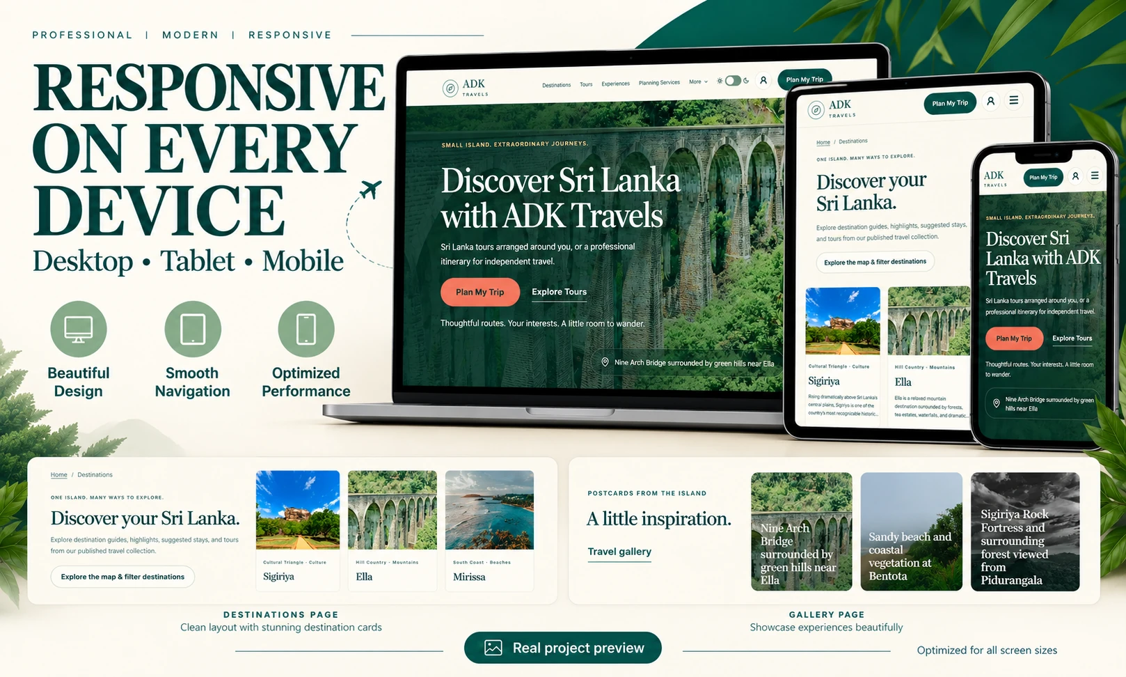 ADK Travels project preview showing desktop, tablet, and mobile layouts with Sri Lanka destination and travel gallery pages.