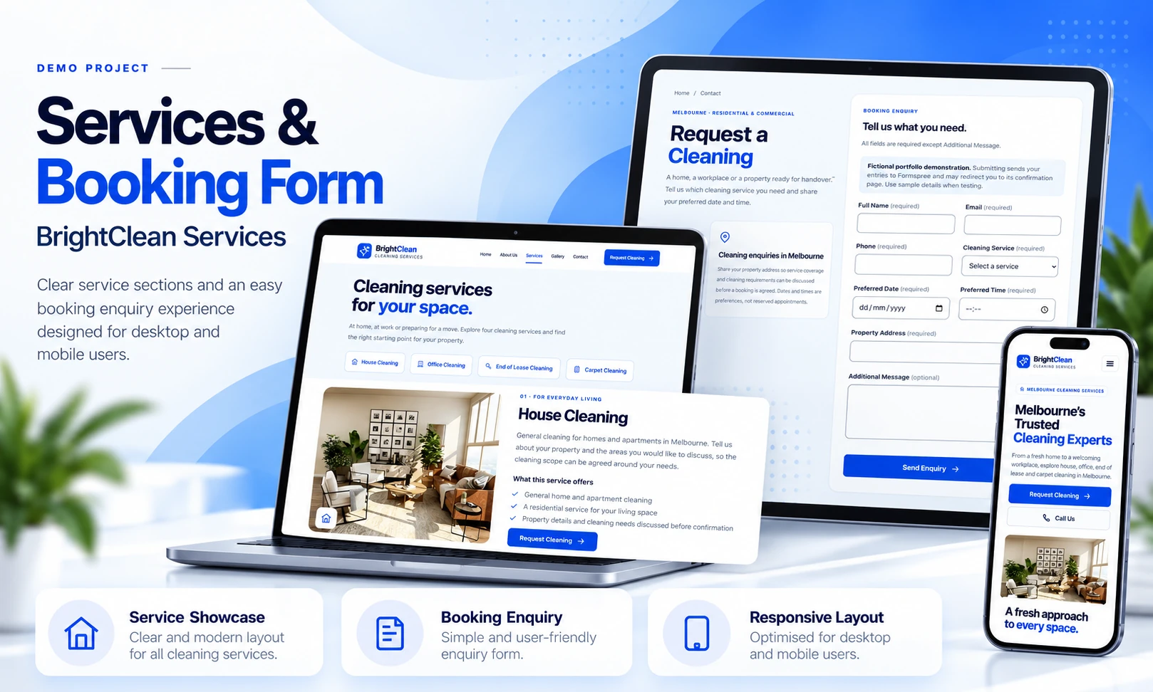 BrightClean Services fictional demo preview showing cleaning service information and a booking enquiry form across desktop and mobile layouts.